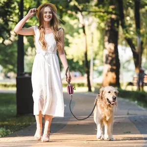 Pink striped pet poop bag dispenser attached to a leash during a walk in the park