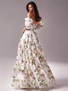 Elegant off-shoulder floral organza maxi dress with puff sleeves and tiered skirt detail