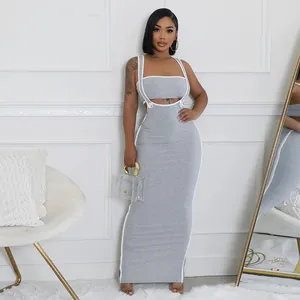 Detailed look at grey two-piece bodycon maxi dress set with tube top and overall straps