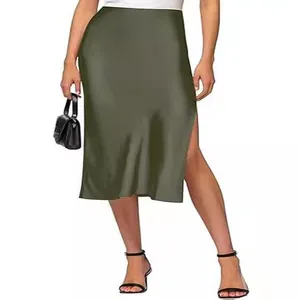 Elegant olive green satin midi skirt for women with high waist and sexy side slit