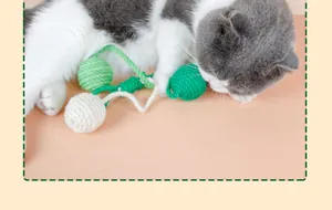 Cat playing with colorful sisal rope balls for claw grinding and entertainment