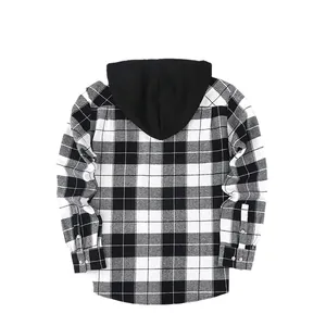 Stylish men's black and white checkered long sleeve hooded shirt shown from the back