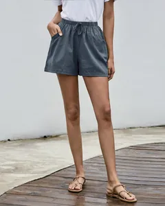 Pantalones cortos de lino gris oscuro para mujer con cintura alta y cordón ajustable