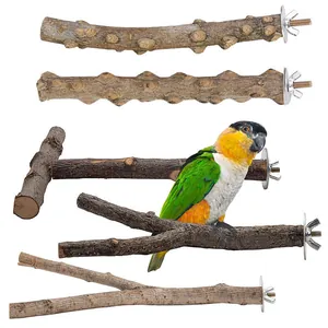 Natural wood bird perches with parrot model showing various branch shapes for cage
