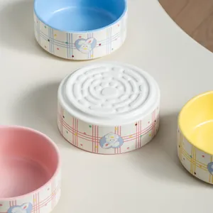 Cute bunny patterned ceramic bowls for pets with colorful interiors for cats and dogs