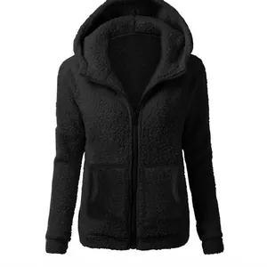 Women Fashion Solid Color Sherpa Fleece Hoodie Full Zipper Loose Fit Plush Jacket Hooded Sweatshirt Top Warm Outerwear