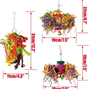 3-piece set of colorful parrot chewing toys with rattan balls and bells for birdcages