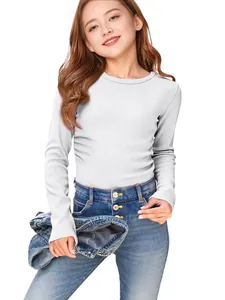 Slim fit girls long sleeve rib-knit white T-shirt casual basic style for kids wear