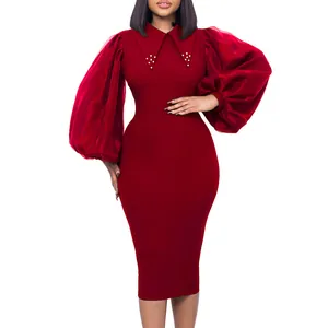Elegant burgundy mesh puff sleeve bodycon pencil dress with pearl beaded collar.