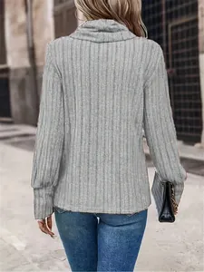 Back view of a grey ribbed high-neck long-sleeve top for casual autumn fashion wear