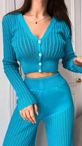Close-up detail of turquoise pointelle knit cardigan and matching high-waisted pants set.