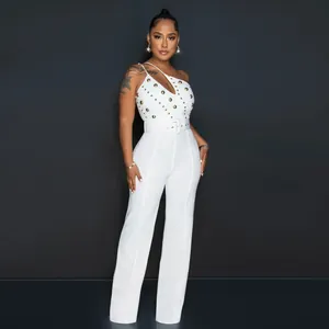 Elegant white one-shoulder jumpsuit with gold studs and wide-leg design for women
