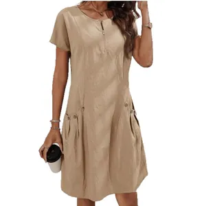 Casual beige cotton linen short sleeve midi dress with zipper neck and side pockets