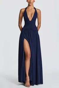 Elegant navy blue floor-length maxi dress with deep V-neck and high leg slit detail
