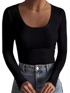 Black slim-fit ribbed long sleeve T-shirt for women featuring a deep scoop neckline