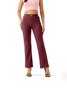 Women's burgundy straight-leg work pants with comfortable elastic waist and button