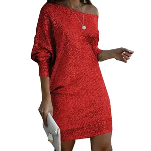 Close-up detail of a vibrant red sequin one-shoulder mini dress for evening parties