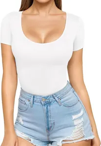 Detail of a white slim fit women's bodysuit with a low scoop neckline and short sleeves