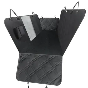 Close-up of waterproof black quilted car seat cover for pets featuring mesh window