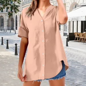 Casual perzik shirt met korte mouwen, opstaande kraag en knopen voor dames