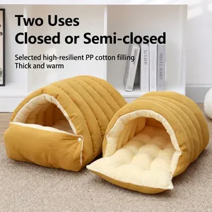 Minimalist solid color semi-enclosed warm pet bed with soft fleece lining for cats and dogs