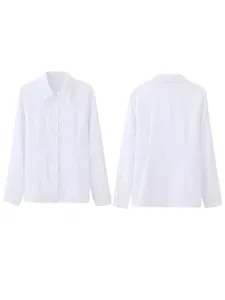 Classic women's white long sleeve button-down shirt, showing front and back view