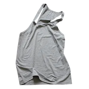 Grey racerback tank top for men's fitness gym training, high-quality fabric detail view