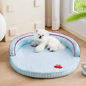 Kühles Sommer-Haustierbett Sofa für kleine Hunde und Katzen mit Karomuster und Kirschstickerei