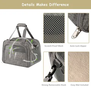 Grey breathable pet carrier bag with scratch proof mesh and cozy interior mat included