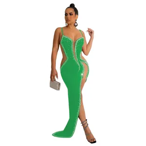 Detailed view of sexy green sheer rhinestone evening gown with high side slit design