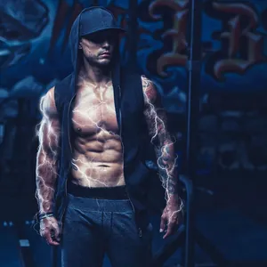 Muscular man wearing a black quick-dry hooded fitness vest in a gym setting