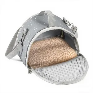 Close-up of small pet carrier bag with soft fleece lining and breathable mesh