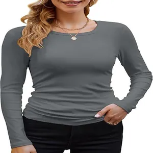 Detail view of women's ribbed slim fit long-sleeve T-shirt in gray fabric color