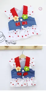 Detailed view of denim pet harness dress with heart pattern ruffles and knit flowers