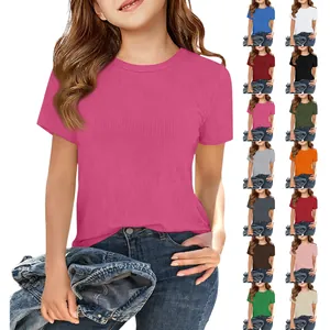 Geribbelde slim-fit T-shirt met korte mouwen voor meisjes in diverse levendige kleuren