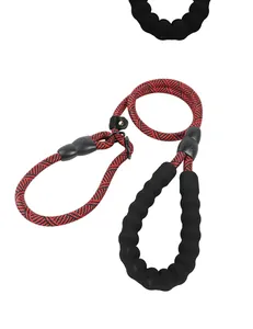 Close-up of durable red and black braided dog P-leash with soft foam handle