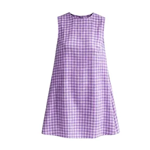 Women's purple gingham check sleeveless dress with a round neck and casual A-line fit
