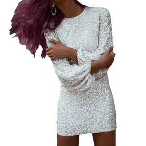 Glamorous silver sequin bodycon mini dress with elegant lantern sleeves and round neck