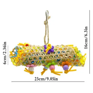 Handmade woven bamboo bird shredding toy with colorful paper for parrot play 23cm long