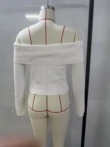 Elegant white off-the-shoulder long sleeve knitted sweater back view on mannequin