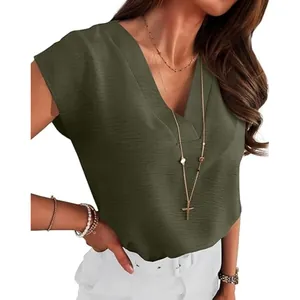 Elegant olive green V-neck sleeveless blouse for women with textured fabric detail