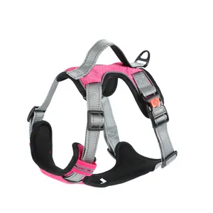 Macro view of adjustable pink dog harness with heavy-duty safety lock buckle