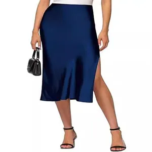 Elegant navy blue satin midi skirt featuring a high waist and stylish side slit detail