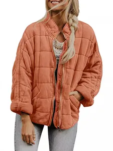 Casual solid color stand collar quilted jacket for women with pockets and loose fit