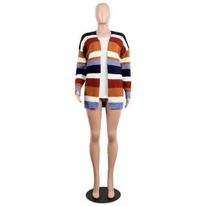 Cárdigan de punto a rayas multicolores con manga larga para mujer estilo casual