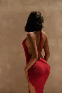 Sexy backless red knitted maxi dress with high side slit for beach vacation style