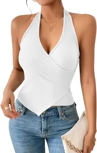 Detailed view of white ribbed halter neck top with crossover wrap design