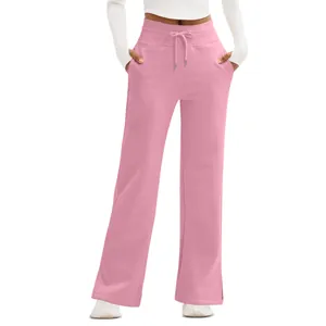 High-waisted wide-leg pink sweatpants with drawstring and pockets for casual wear