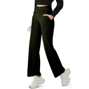 Detail view of women's high-waisted wide-leg yoga pants with side pockets in olive