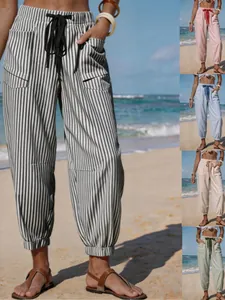 Women's Summer Polyester Striped Jogger Pants Drawstring Elastic High Waist Casual Beach Trousers With Pockets